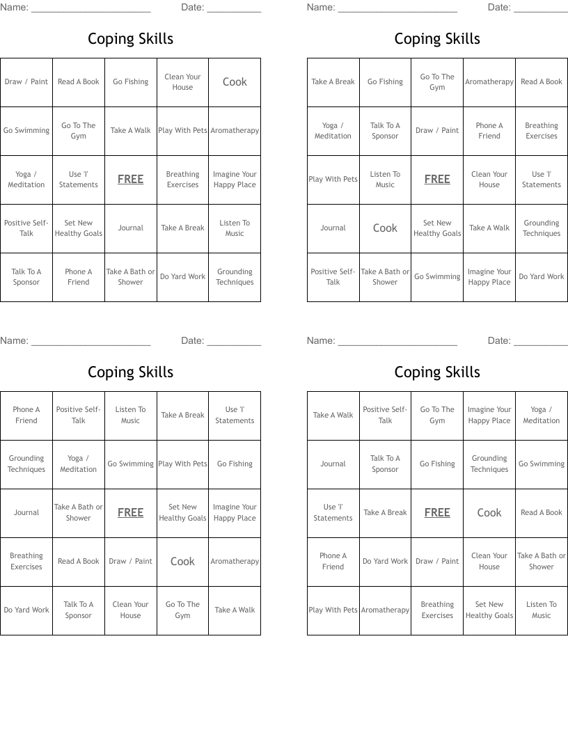 Coping Skills Bingo Cards
