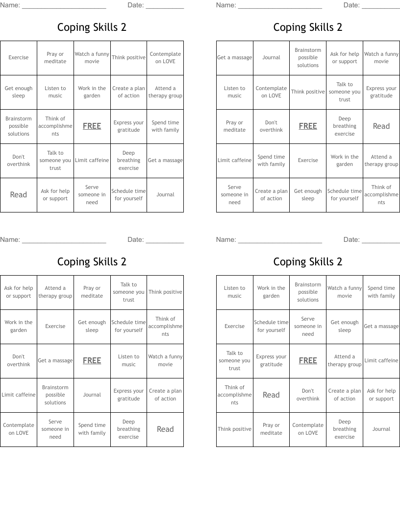 Coping Skills 2 Bingo Cards