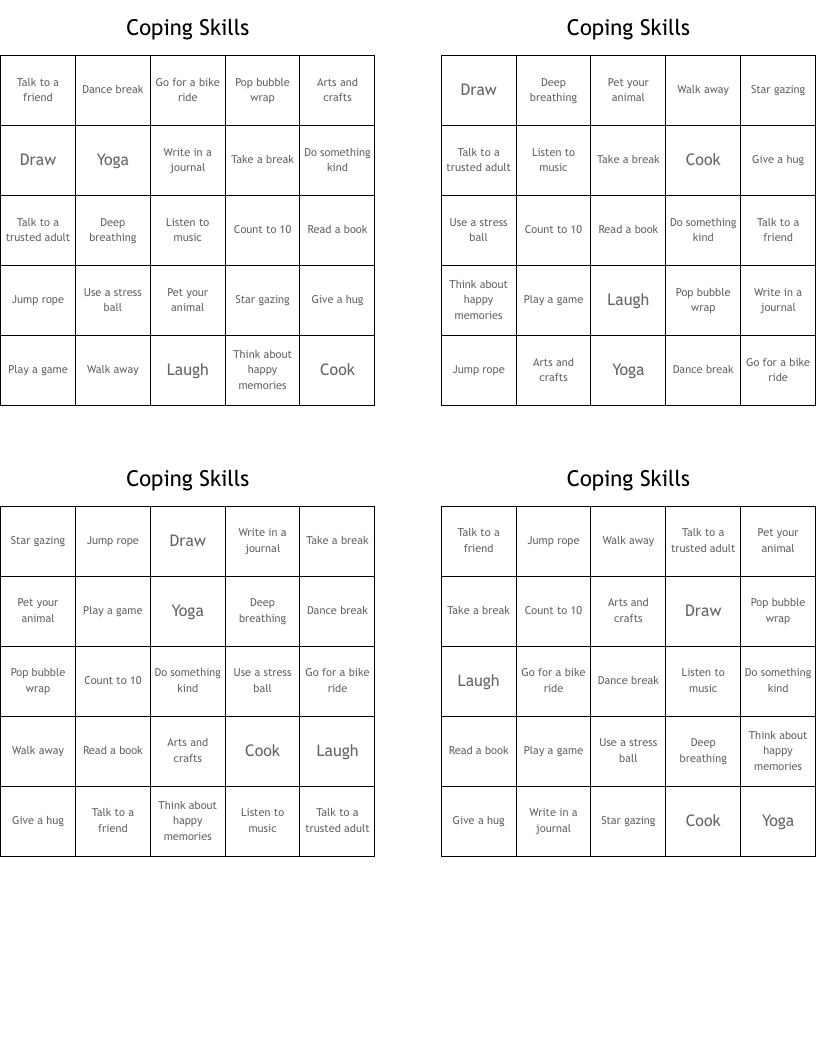 Coping Skills Bingo Cards