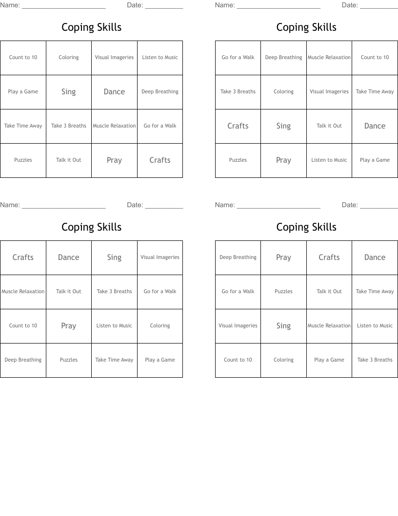 Coping Skills Bingo Cards