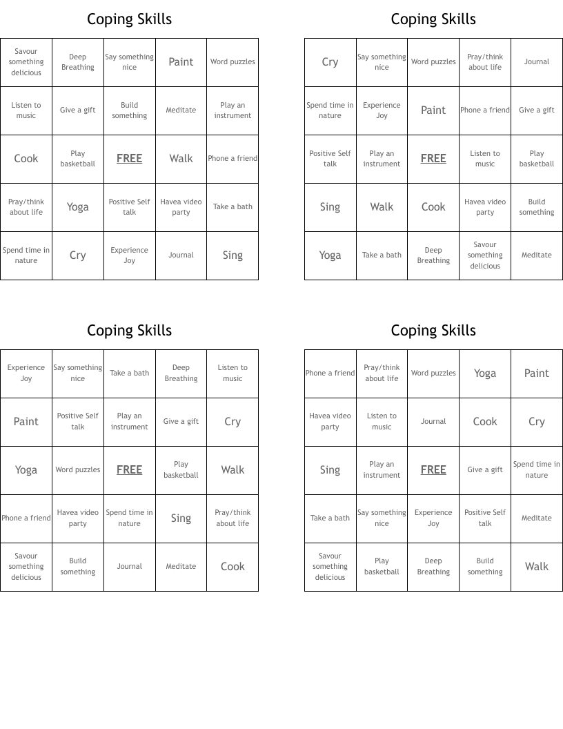 Coping Skills Bingo Cards
