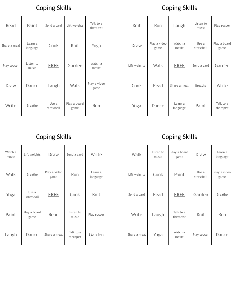 Coping Skills Bingo Cards