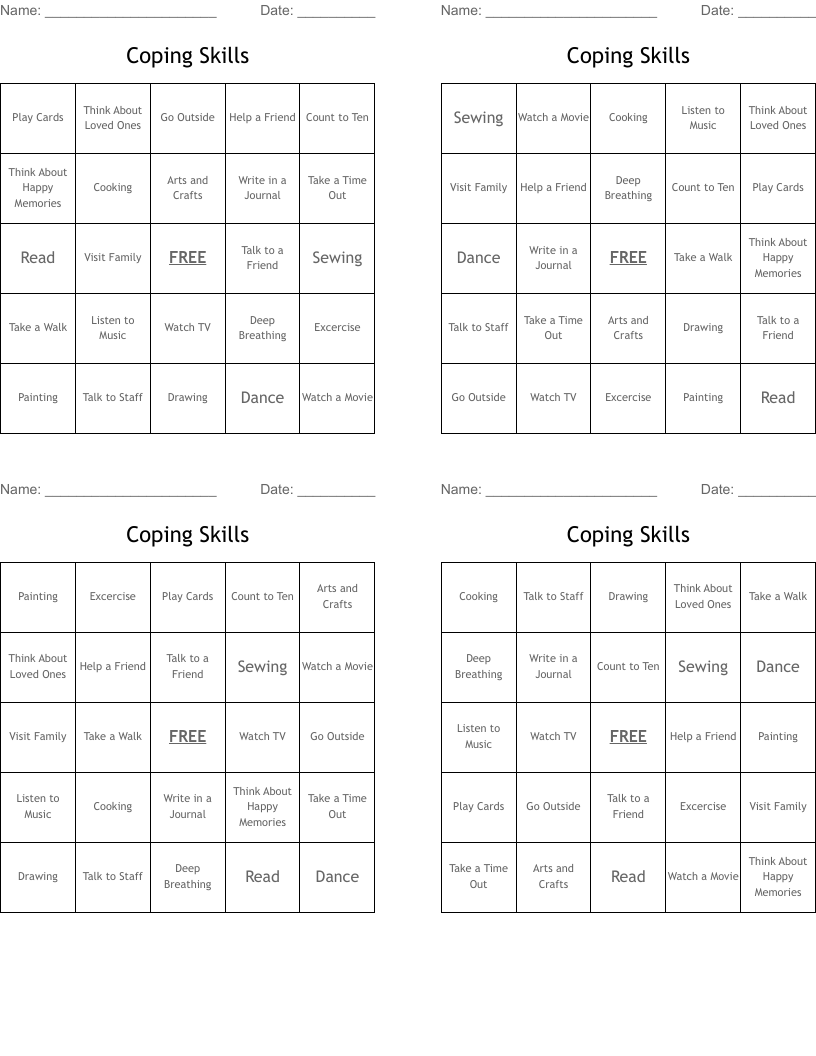 Coping Skills Bingo Cards
