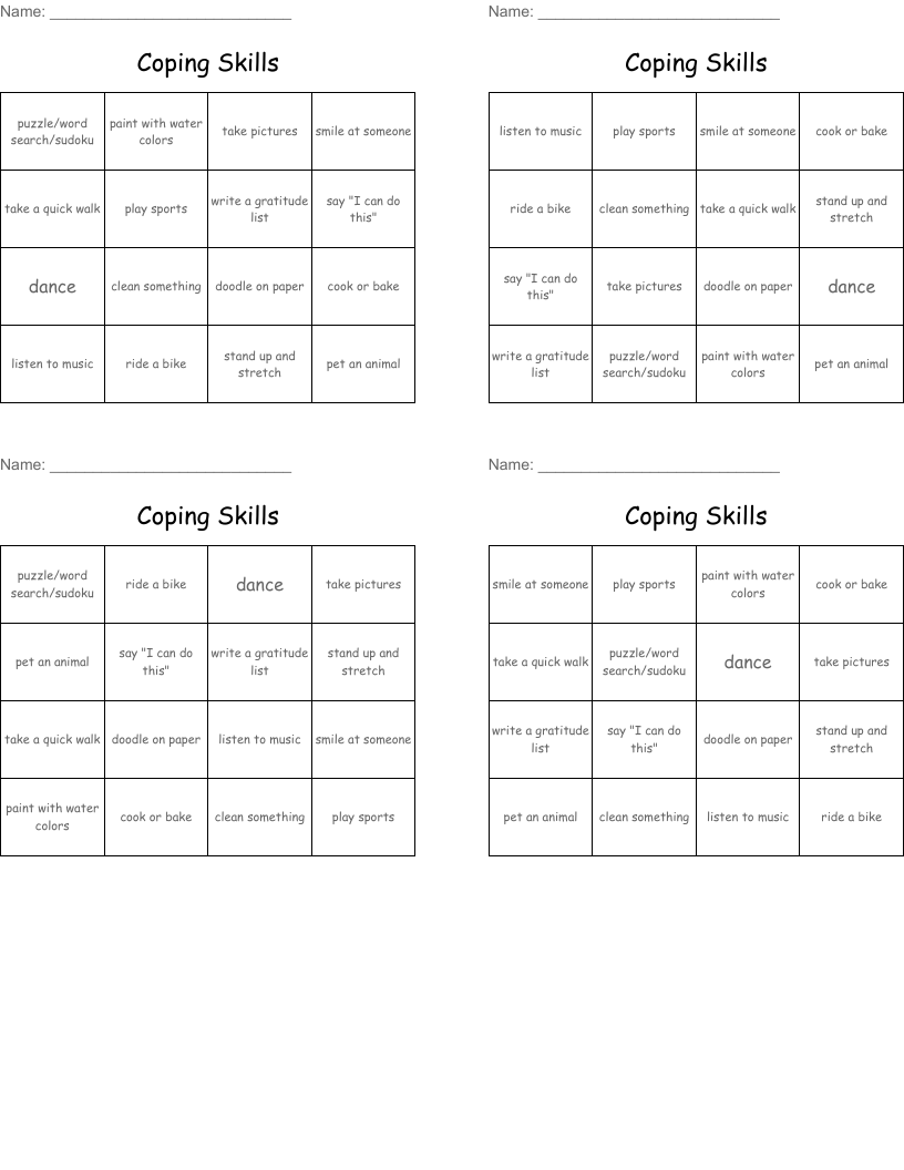 Coping Skills Bingo Cards