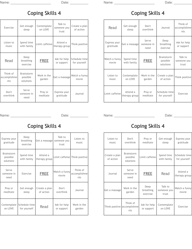 Coping Skills 4 Bingo Cards