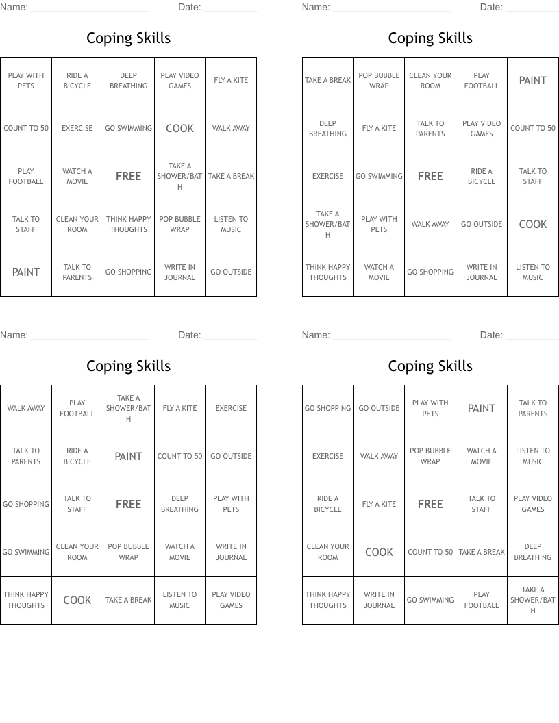 Coping Skills Bingo Cards