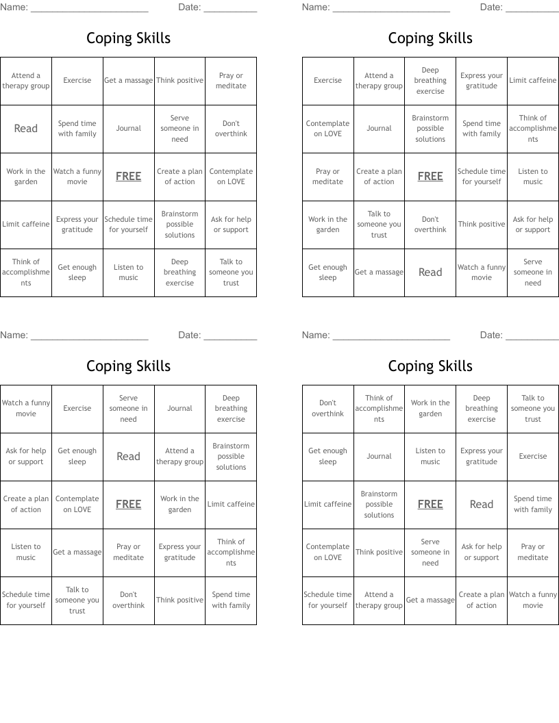 Coping Skills Bingo Cards