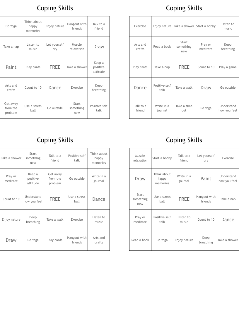 Coping Skills Bingo Cards