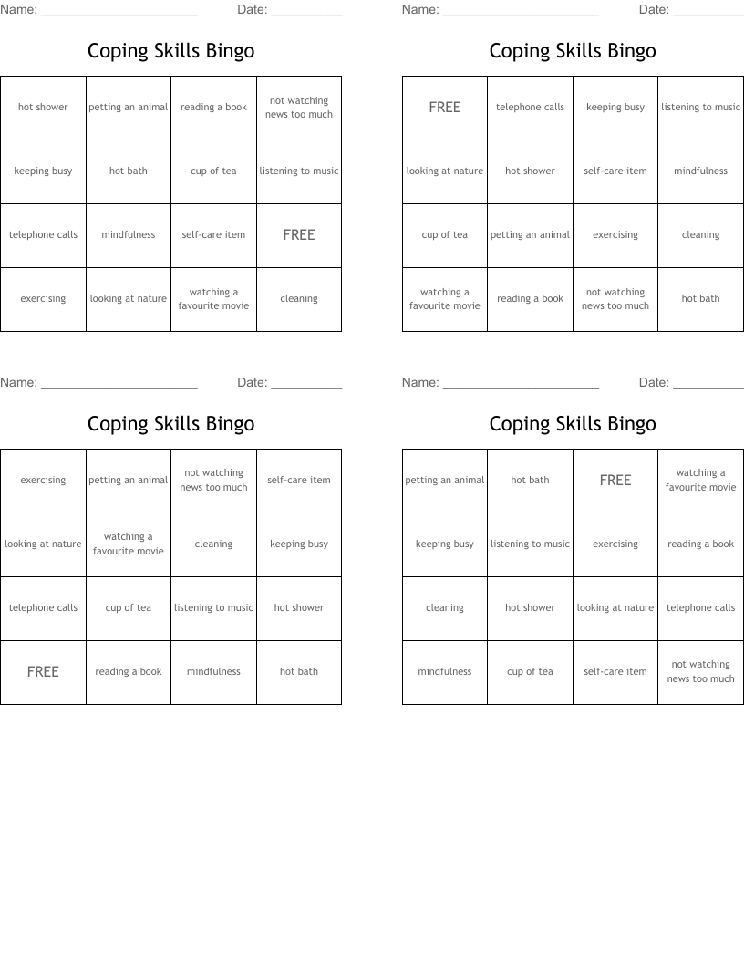 Coping Skills Bingo