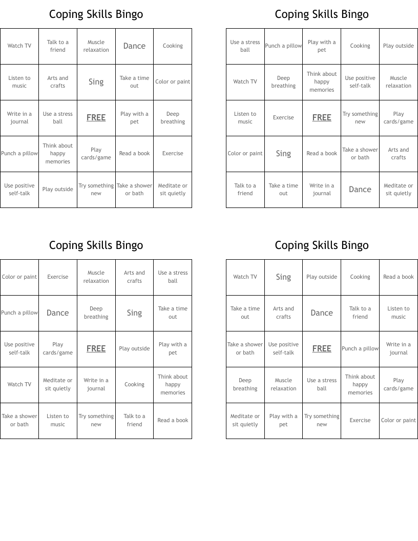 Coping Skills Bingo