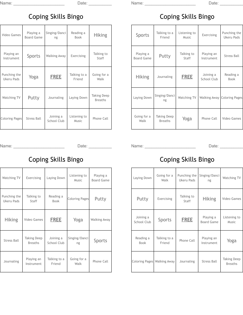 Coping Skills Bingo