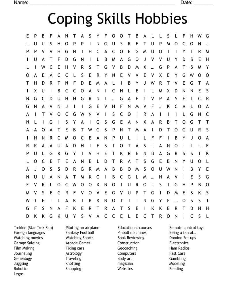 Coping Skills Hobbies Word Search