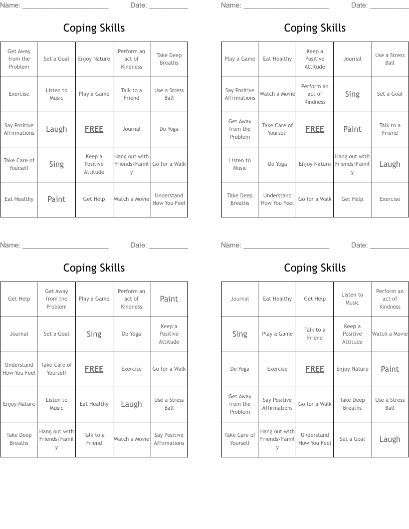Coping Skills  Bingo Cards