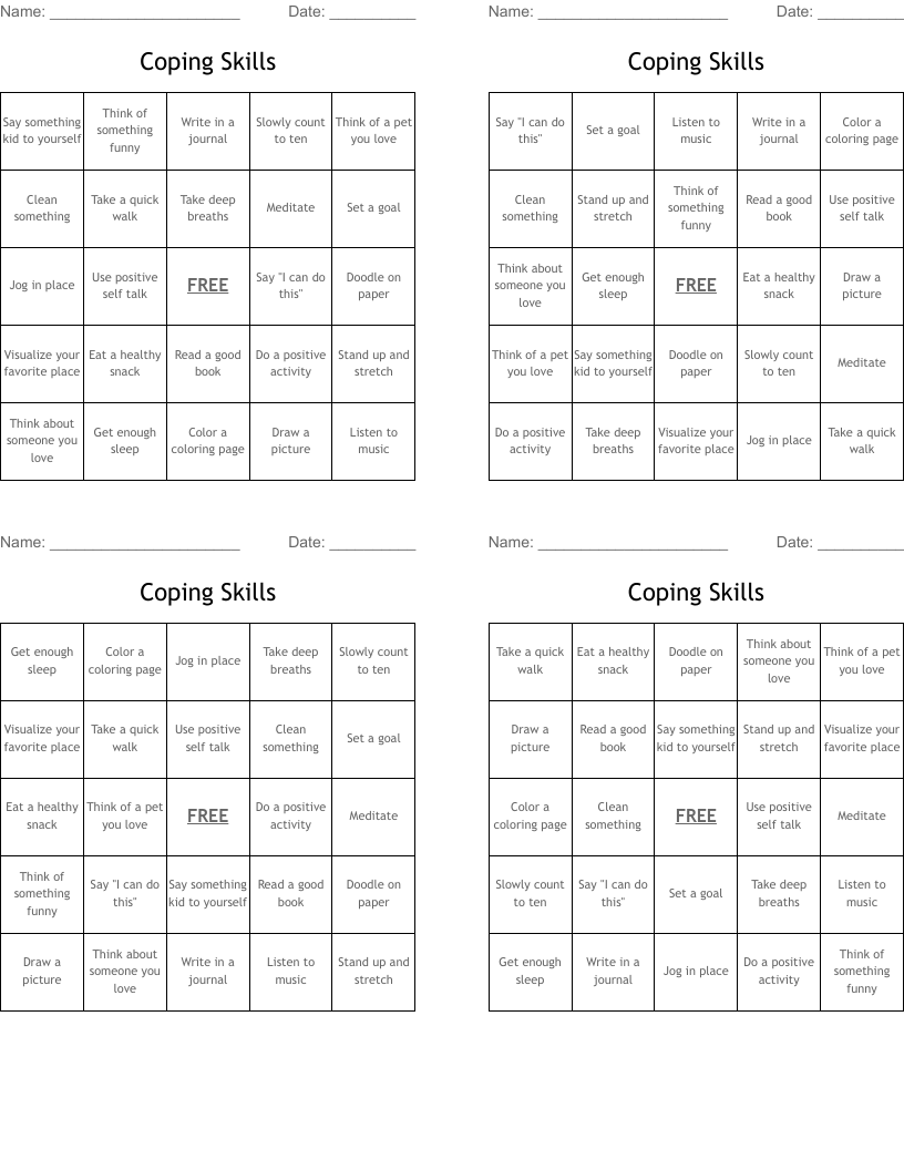 Coping Skills  Bingo Cards