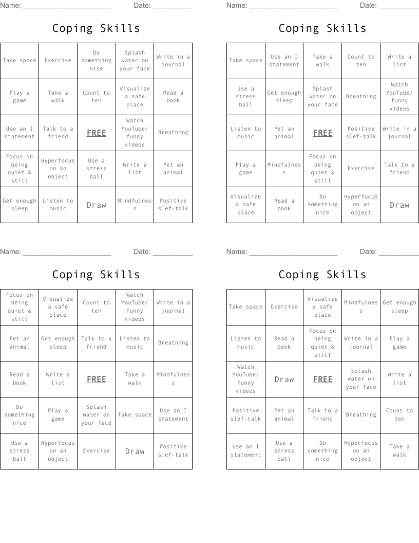 Coping Skills  Bingo Cards