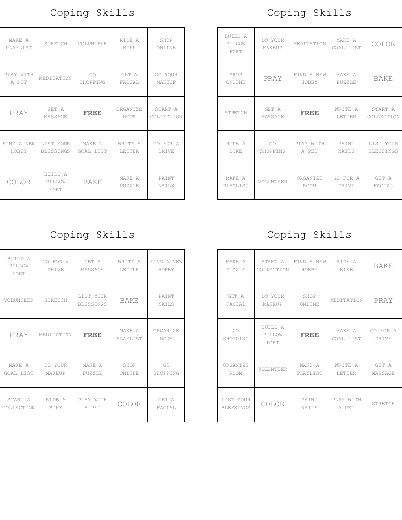 Coping Skills  Bingo Cards