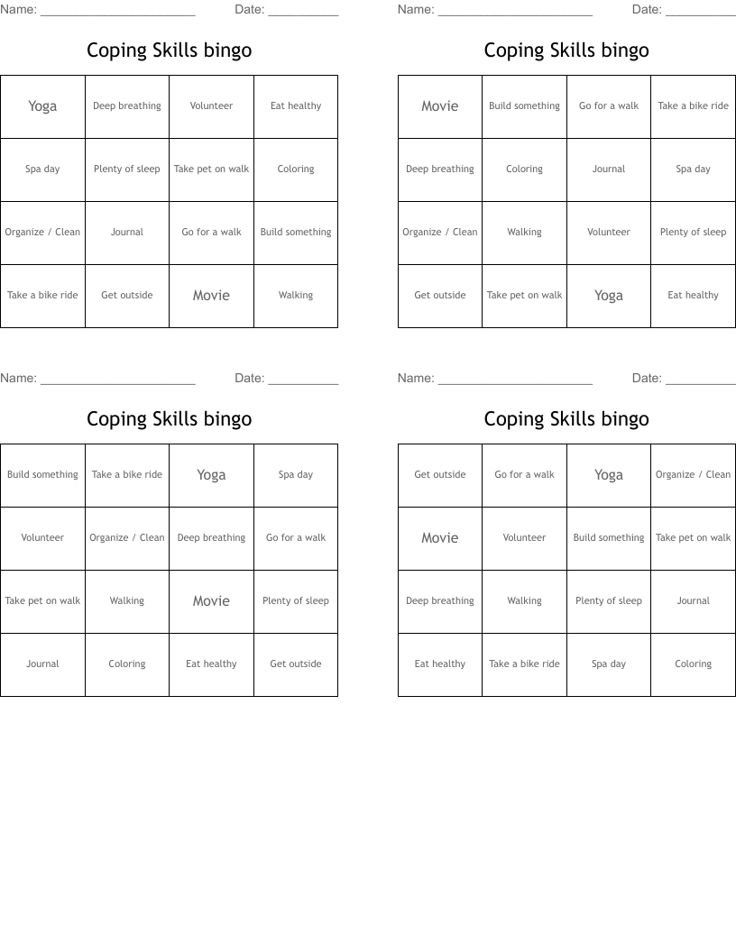 Coping Skills bingo