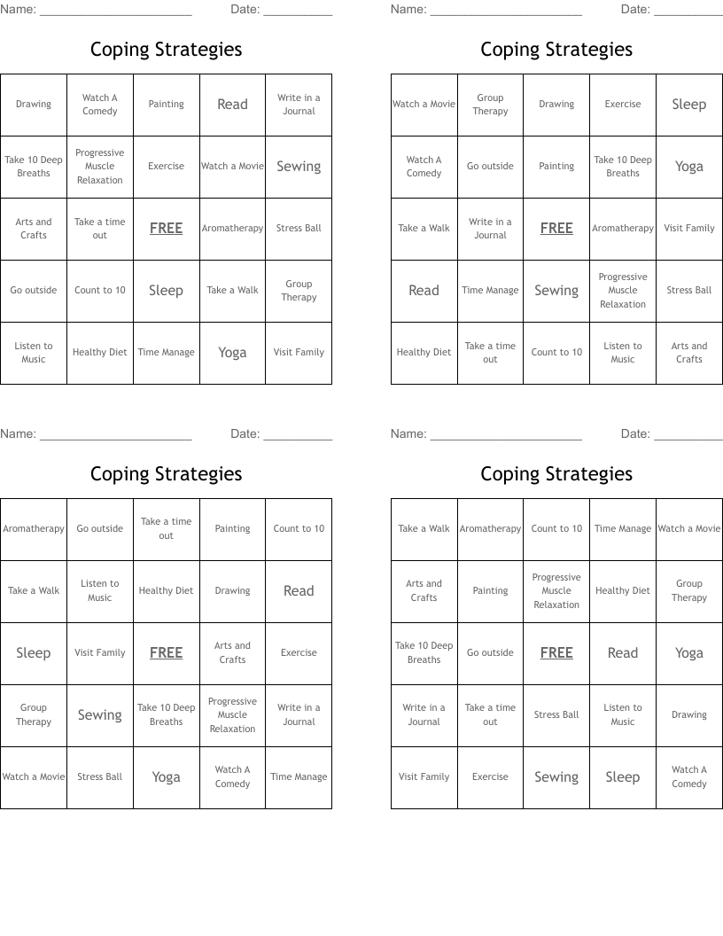 Coping Strategies Bingo Cards