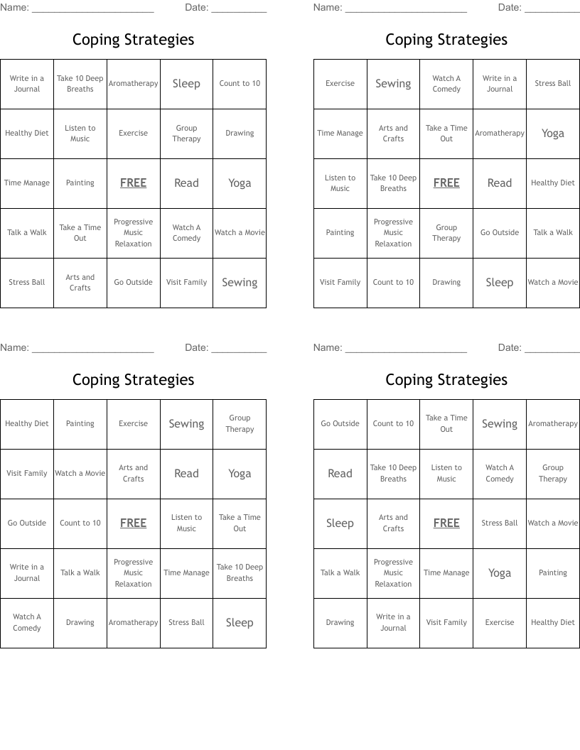 Coping Strategies Bingo Cards