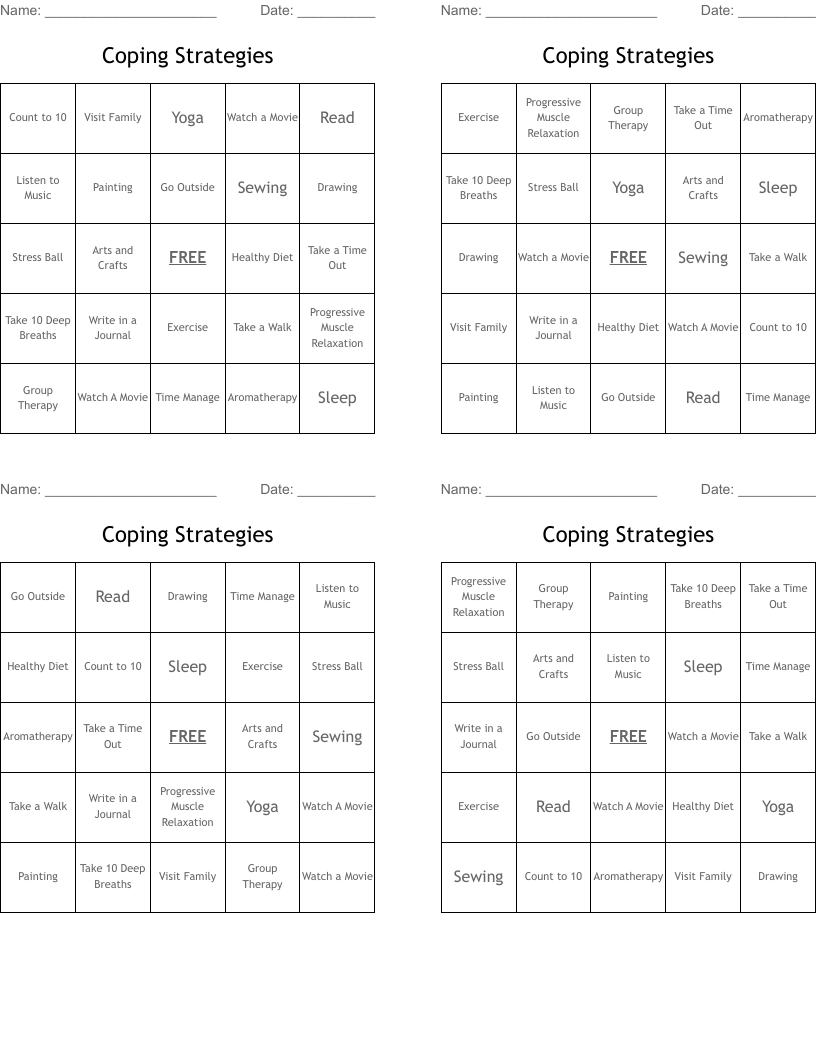 Coping Strategies Bingo Cards