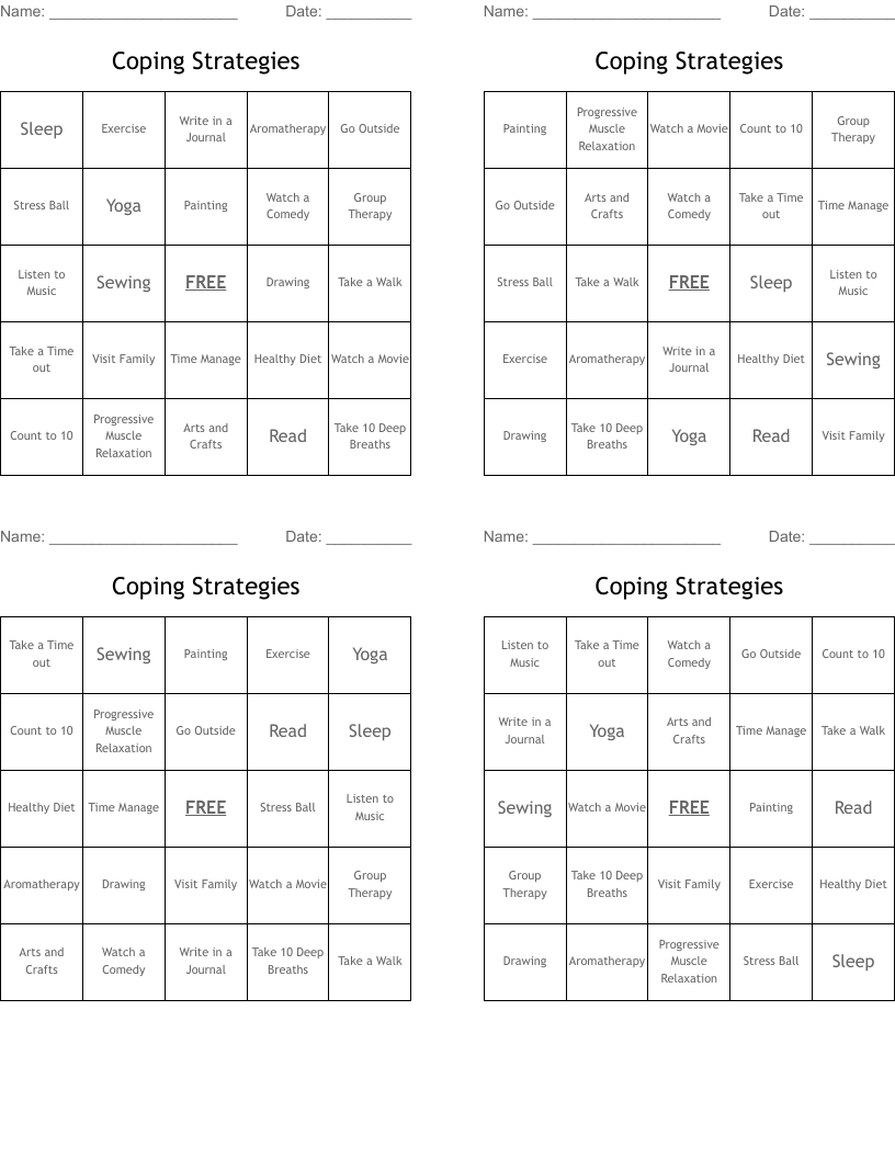 Coping Strategies Bingo Cards