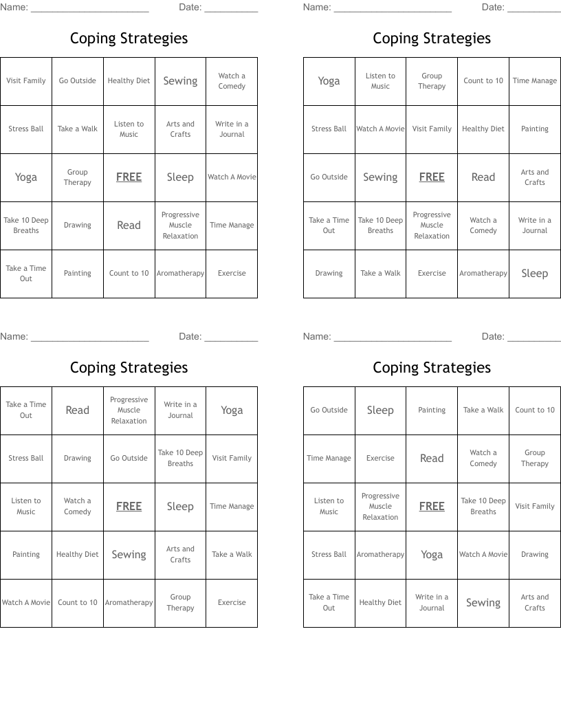 Coping Strategies Bingo Cards