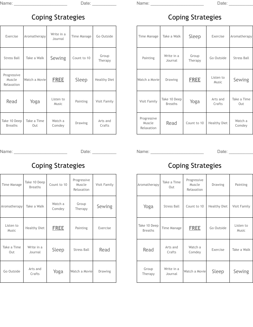 Coping Strategies Bingo Cards
