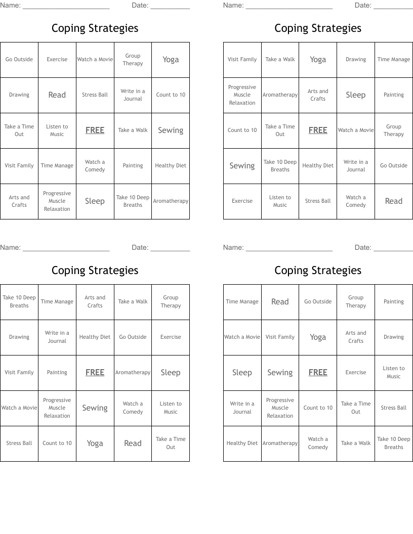 Coping Strategies Bingo Cards