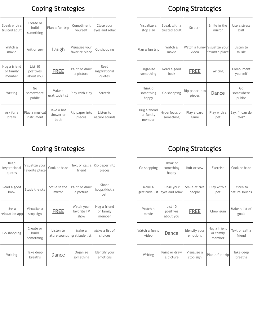 Coping Strategies  Bingo Cards