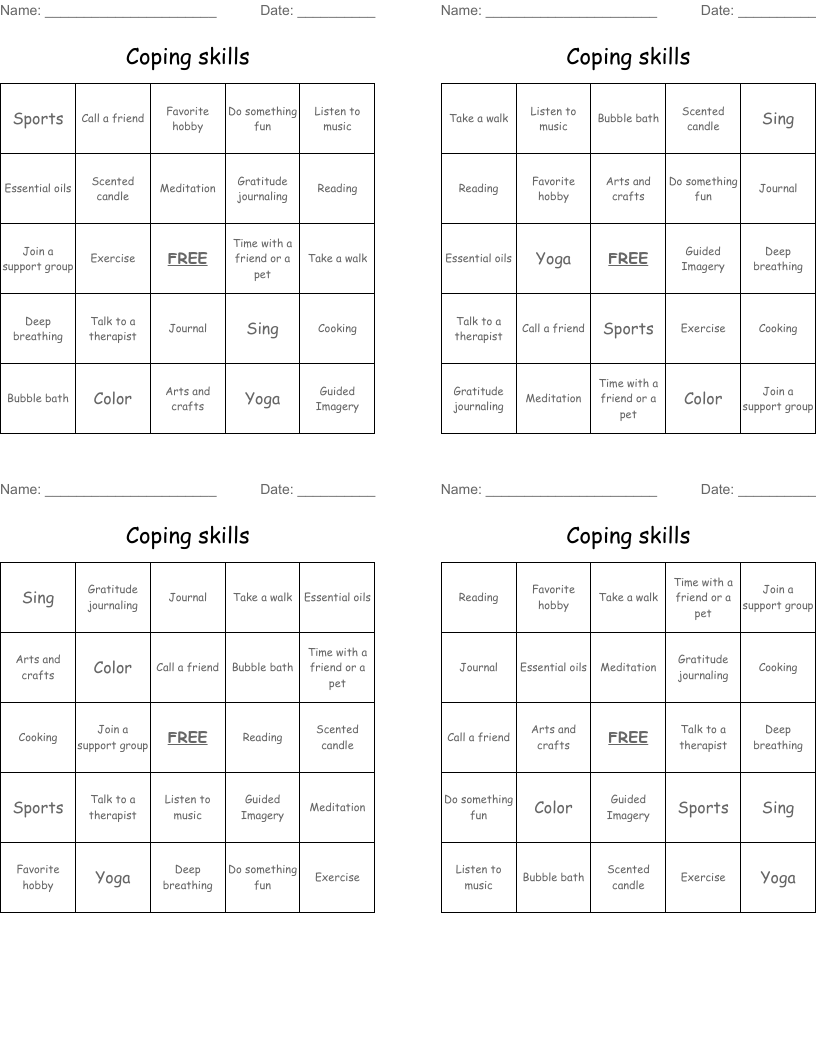 Coping skills Bingo Cards