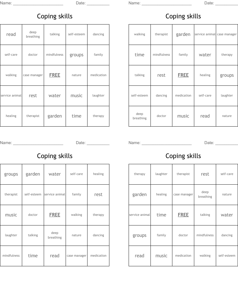 Coping skills Bingo Cards