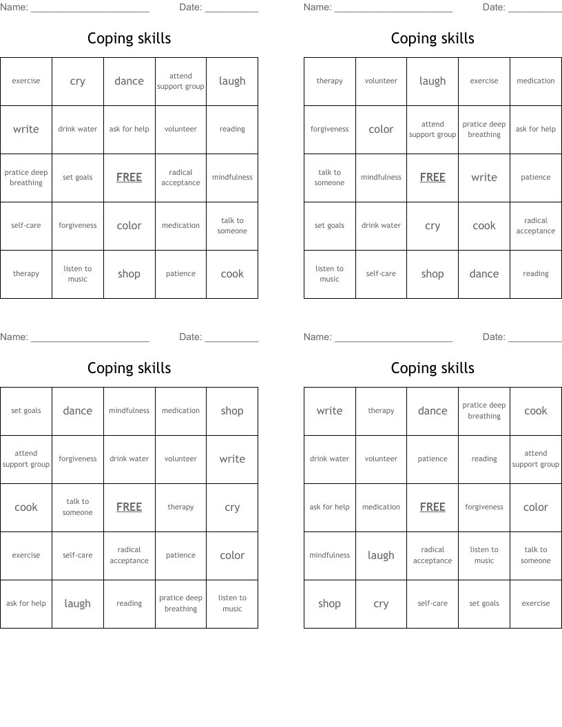Coping skills  Bingo Cards