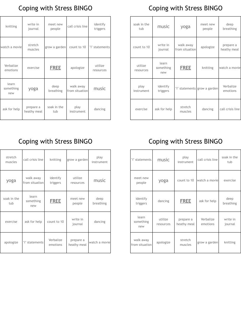 Coping with Stress BINGO
