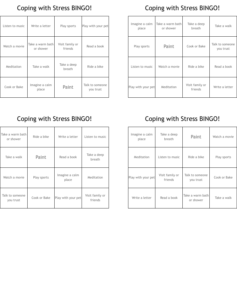 Coping with Stress BINGO!