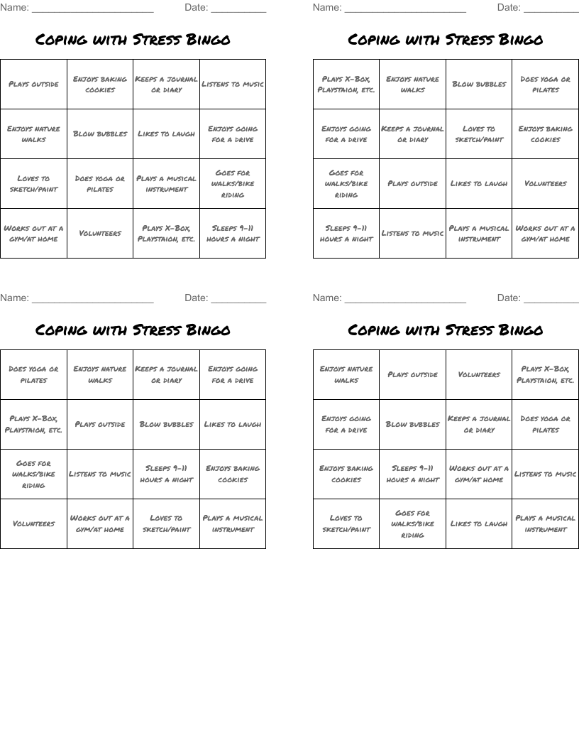Coping with Stress Bingo