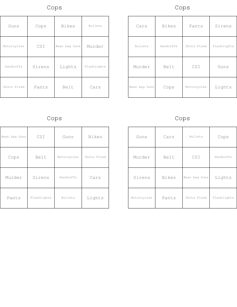 Cops Bingo Cards