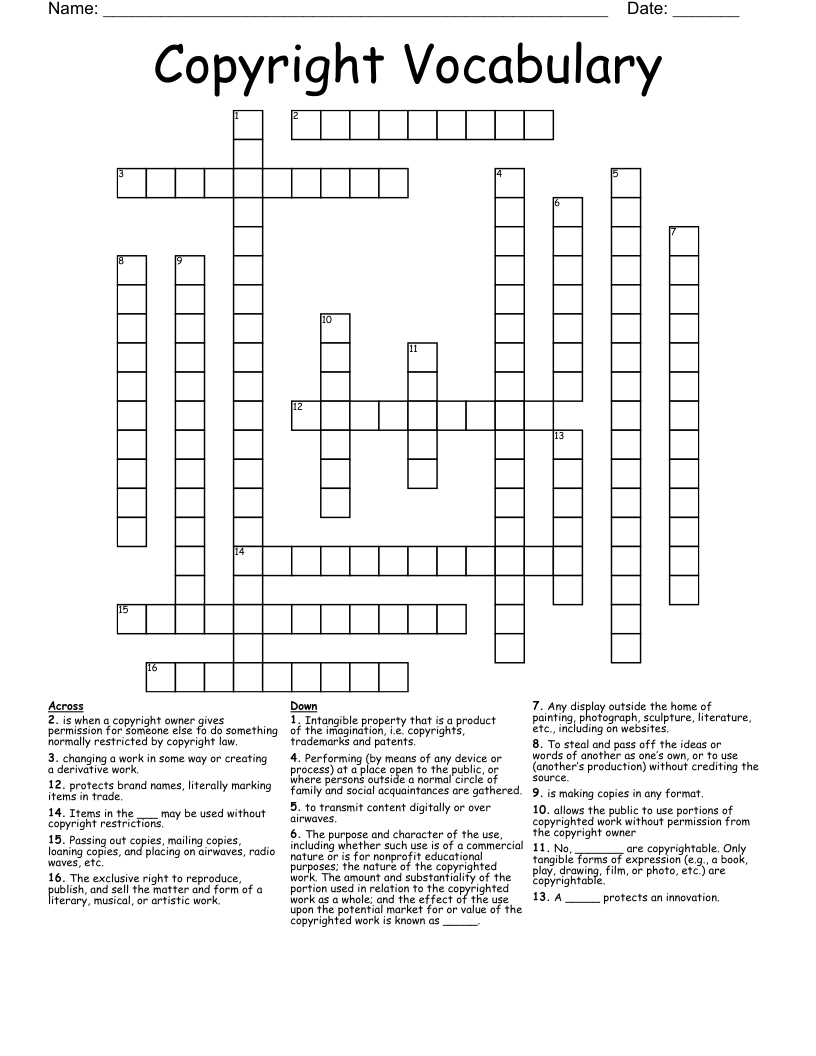Copyright Vocabulary  Crossword