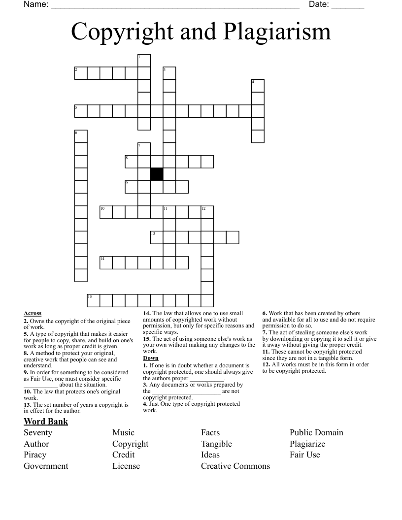Copyright and Plagiarism Crossword