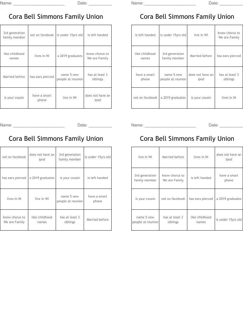 Cora Bell Simmons Family Union Bingo Cards