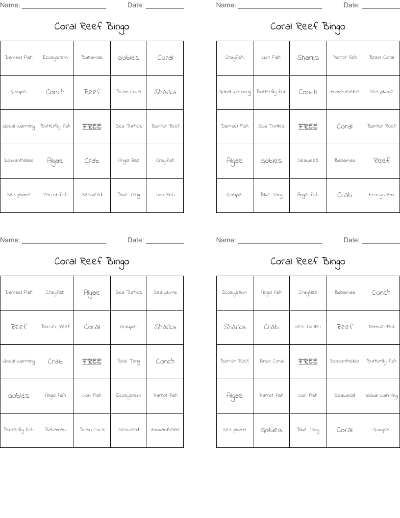 Coral Reef Bingo