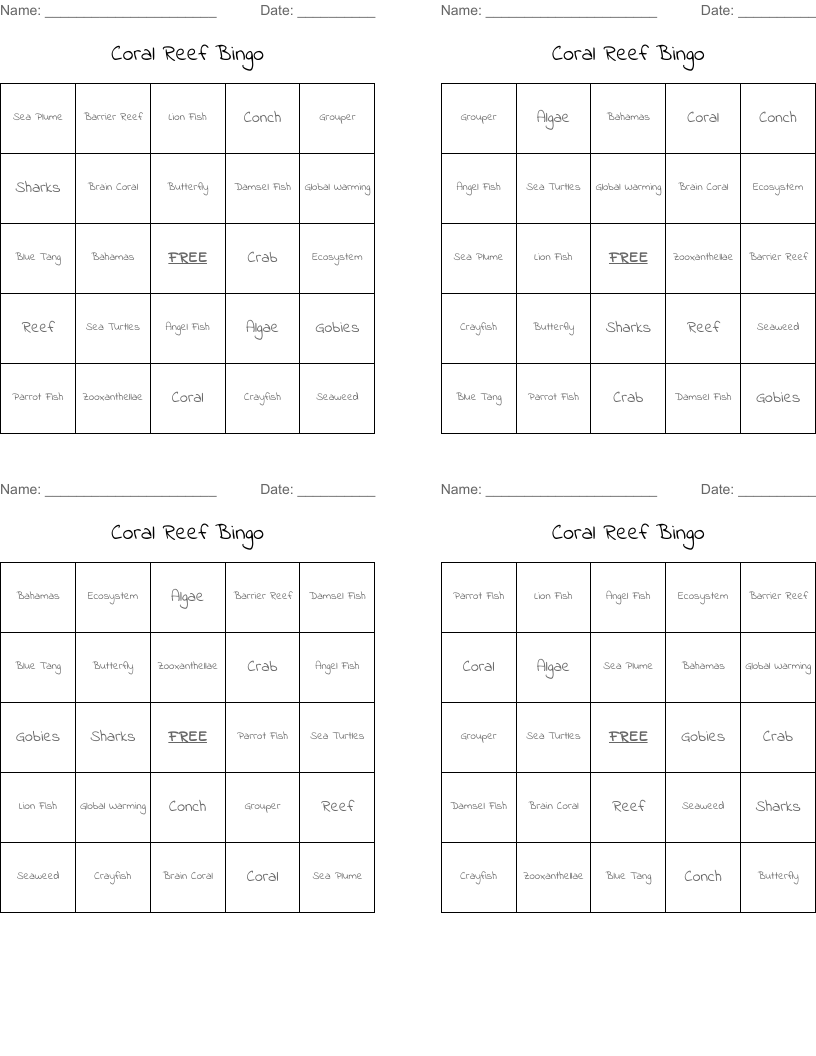 Coral Reef Bingo