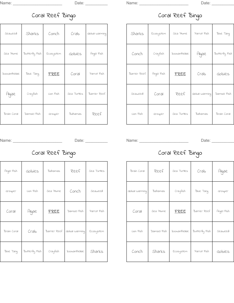 Coral Reef Bingo
