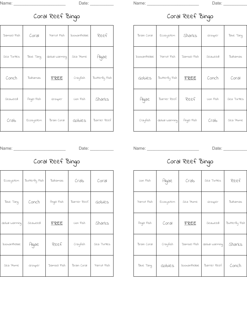 Coral Reef Bingo