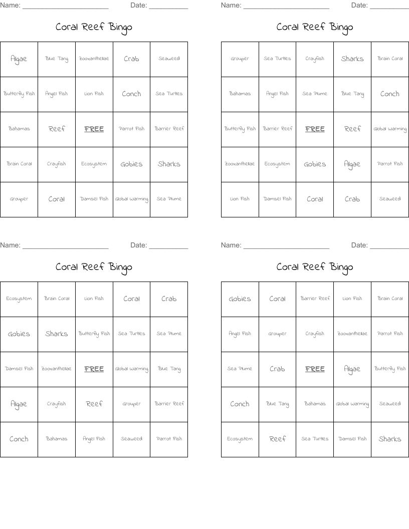 Coral Reef Bingo