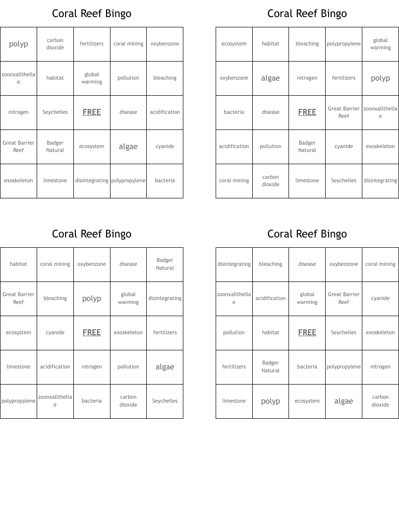Coral Reef Bingo