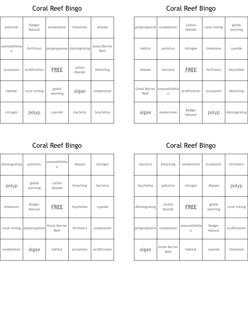 Coral Reef Bingo