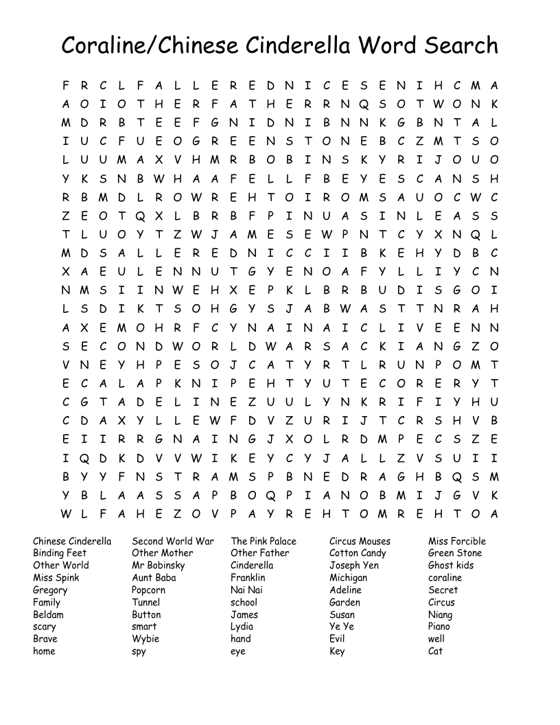 Coraline/Chinese Cinderella Word Search 