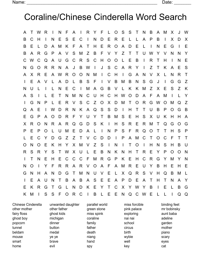 Coraline/Chinese Cinderella  Word Search 