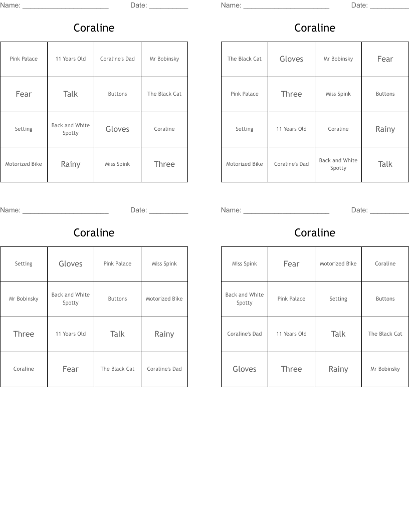 Coraline Bingo Cards