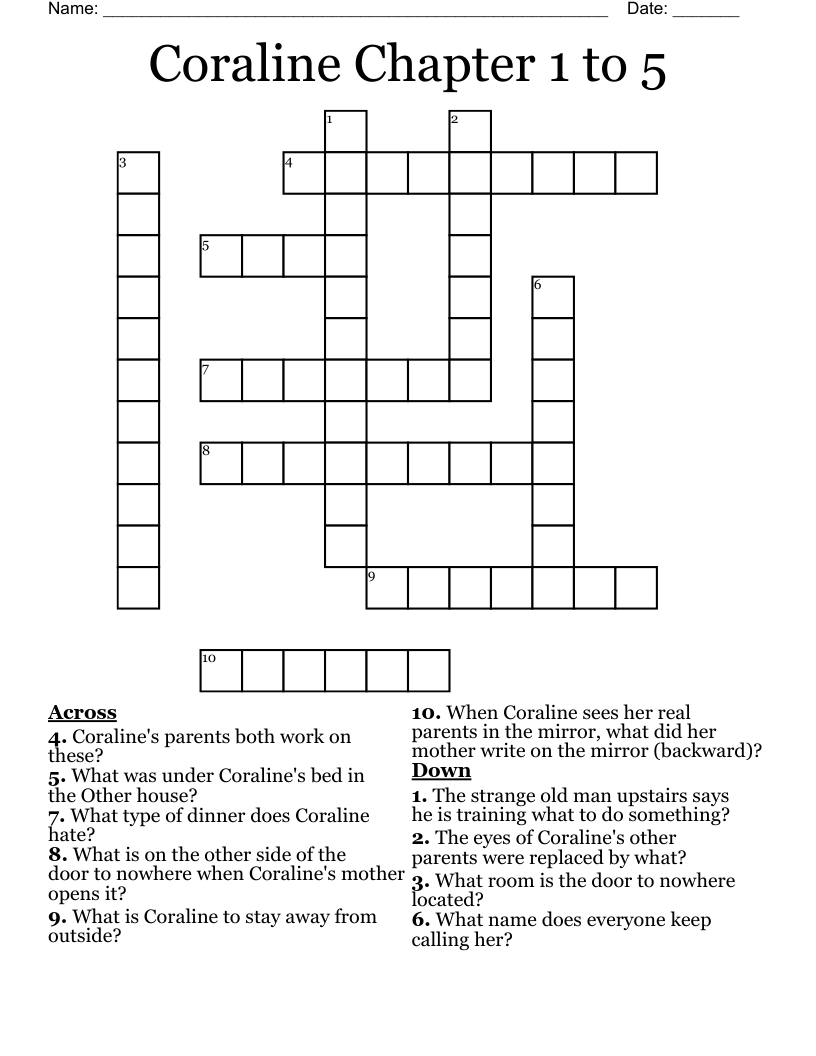 Coraline Chapter 1 to 5 Crossword